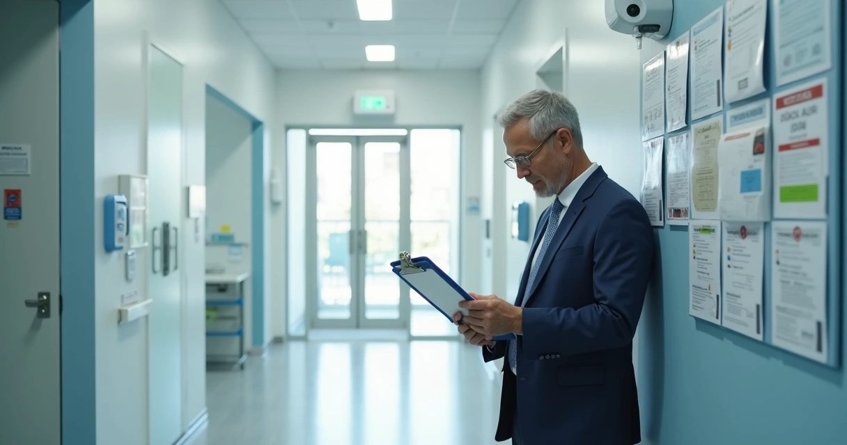 Gestor de clínica médica avaliando checklist de normas sanitárias em corredor clínico moderno 
