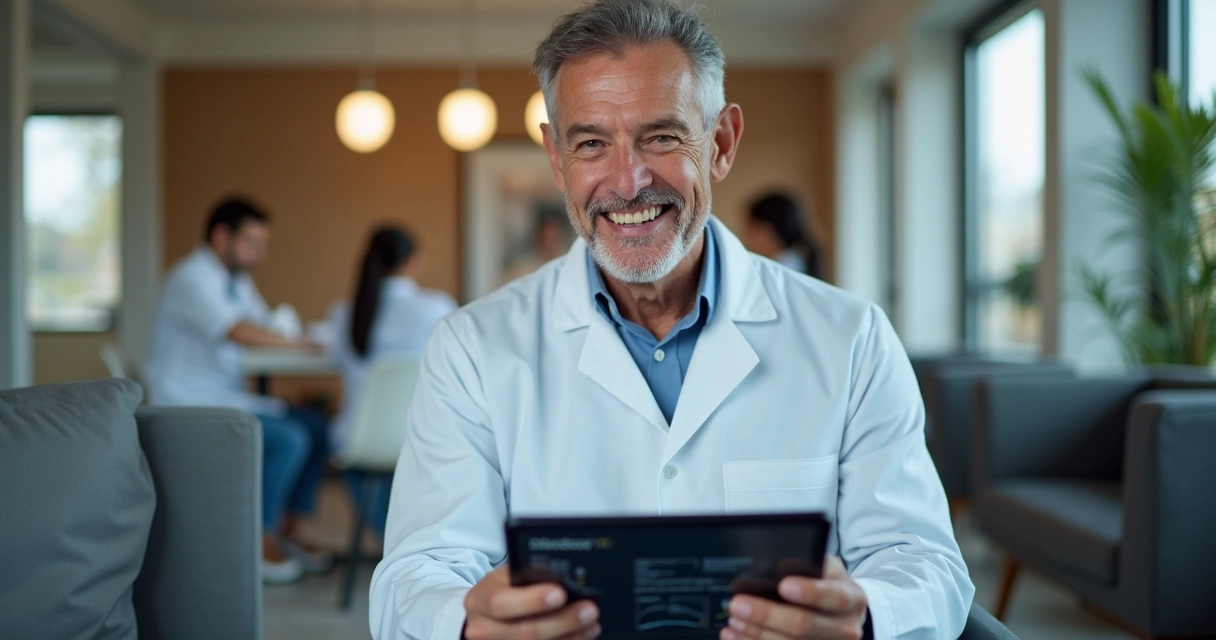 Gestor de clínica odontológica analisando dashboard de gestão em tablet 