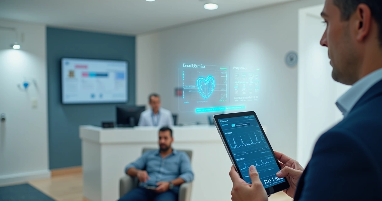 Gestor de clínica segurando tablet com laudo cardiológico digital na recepção 