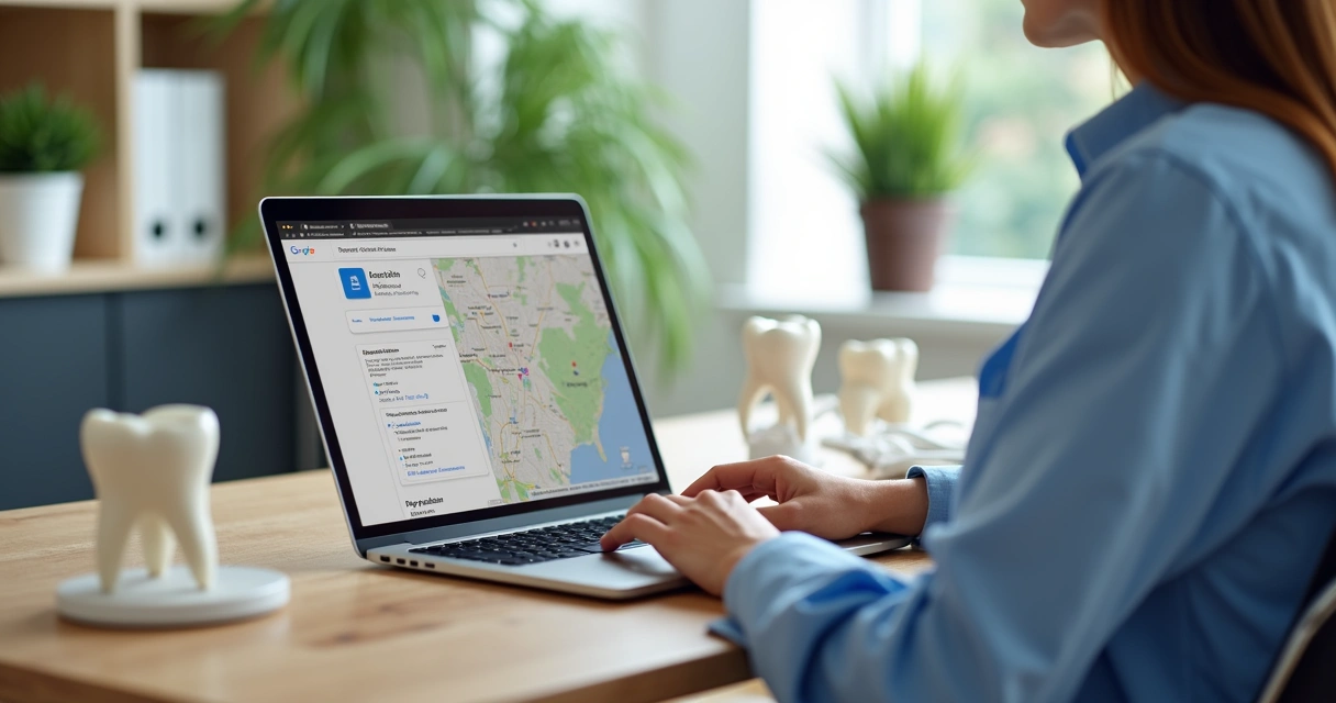 Gestor de clínica odontológica usando laptop para gerenciar perfil no Google Maps com gráficos e avaliações visíveis na tela