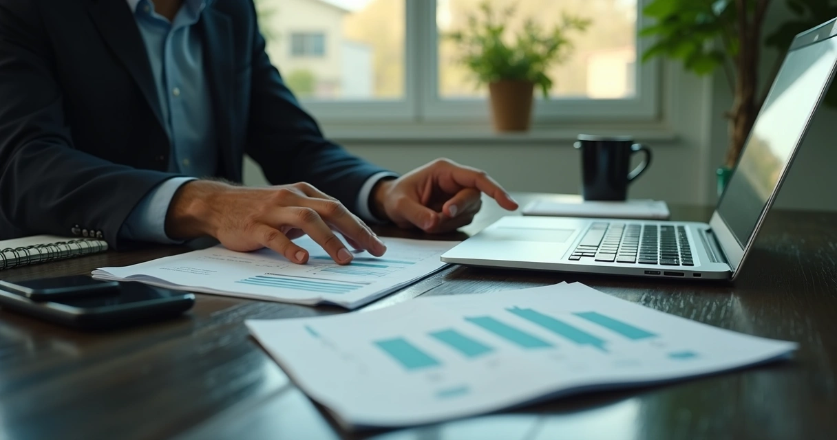 Gestor analisando planejamento financeiro em mesa de trabalho