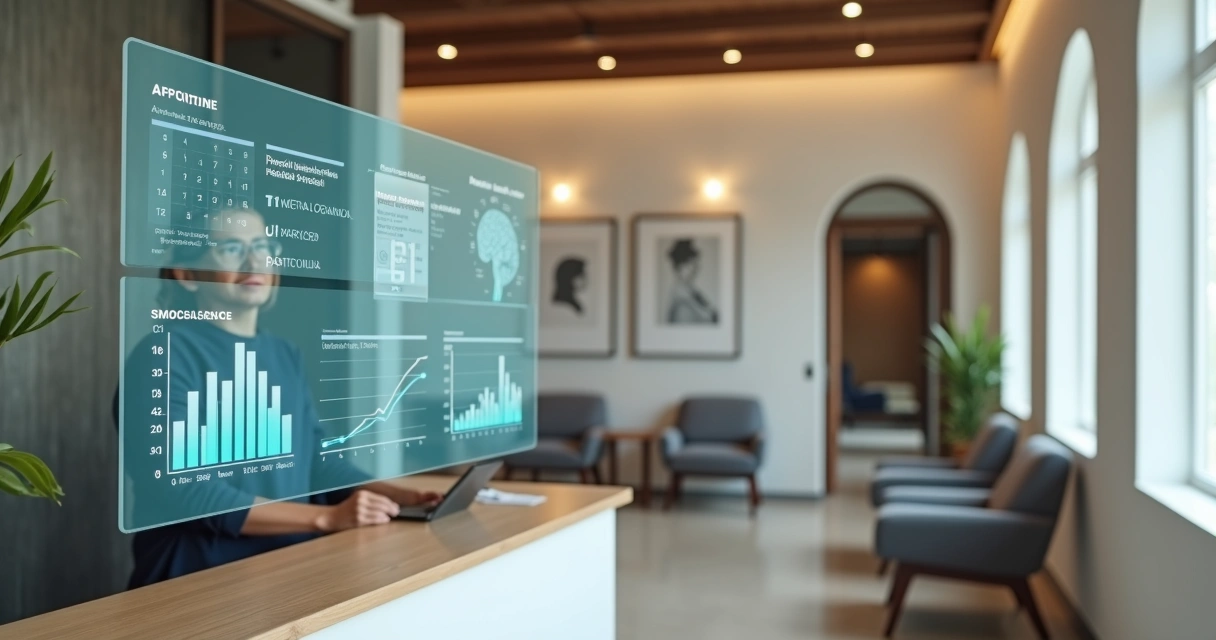 Gestor de clínica psicológica analisando painel digital com dados da agenda e finanças 