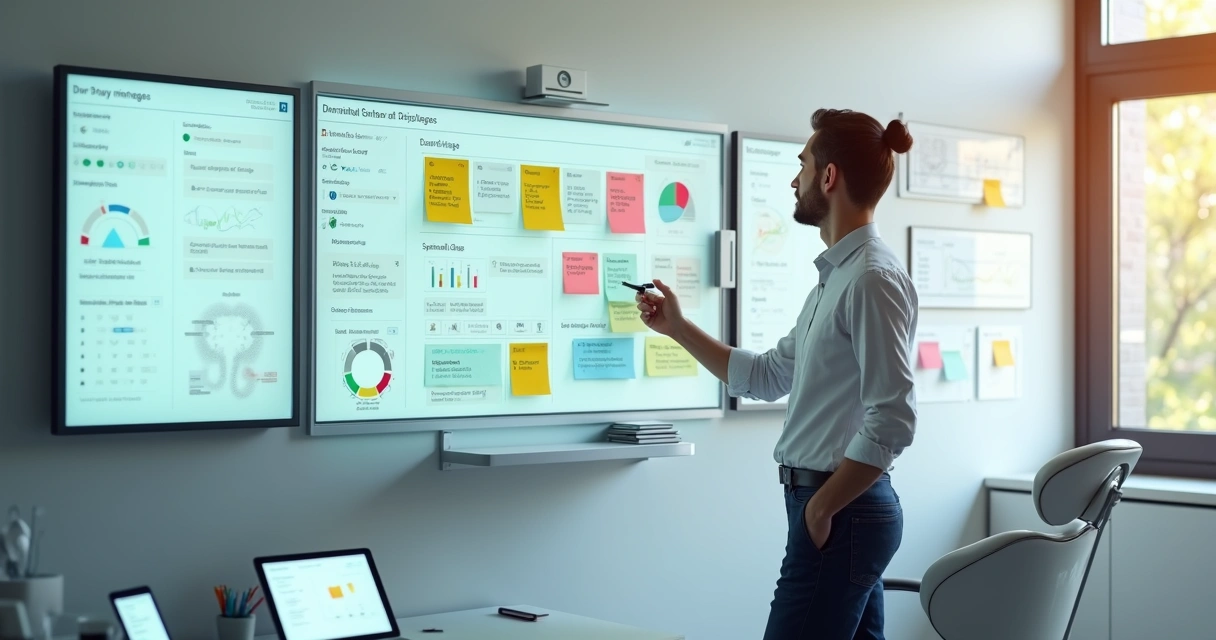 Gestor de clínica odontológica organizando painel de visual management com telas digitais ao lado 
