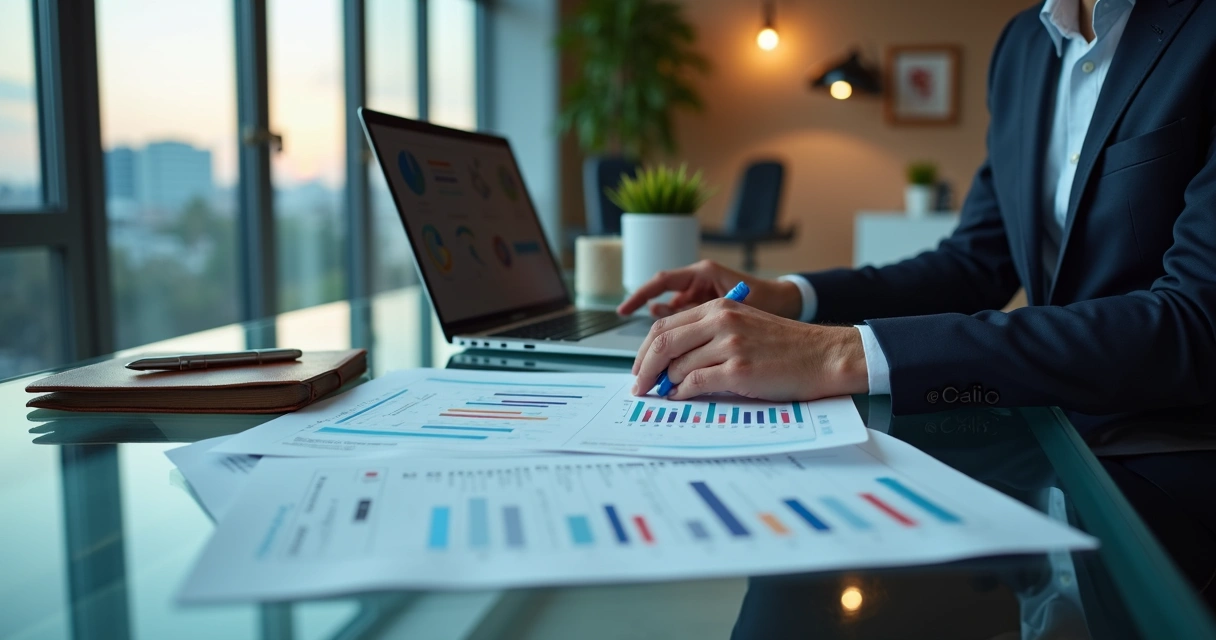 Gestor de clínica avaliando relatório semanal impresso sobre mesa de vidro 