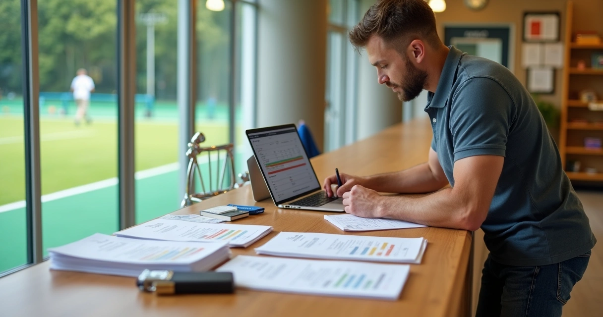 Gestor de clube revisando lista de associados e mensalidades em salão de clube 