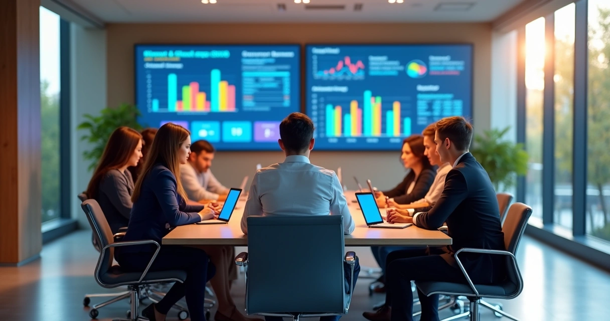 Equipe de gestores escolares reunida em sala moderna com telas digitais e gráficos de desempenho 