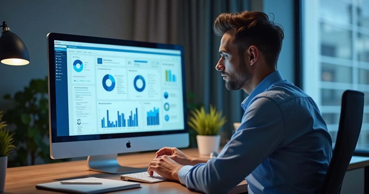 Gestor analisando dashboard digital com métricas de usabilidade em tela computador 
