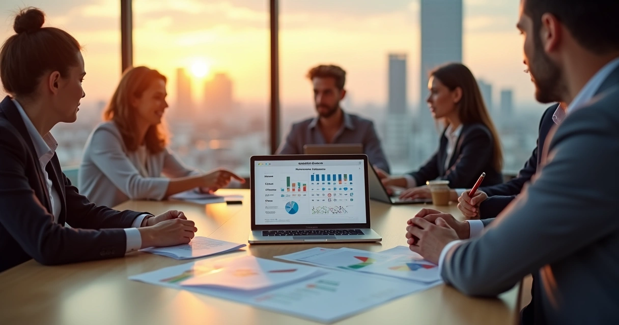 Gestor em mesa de reunião analisando gráficos de planos de saúde empresariais no notebook 
