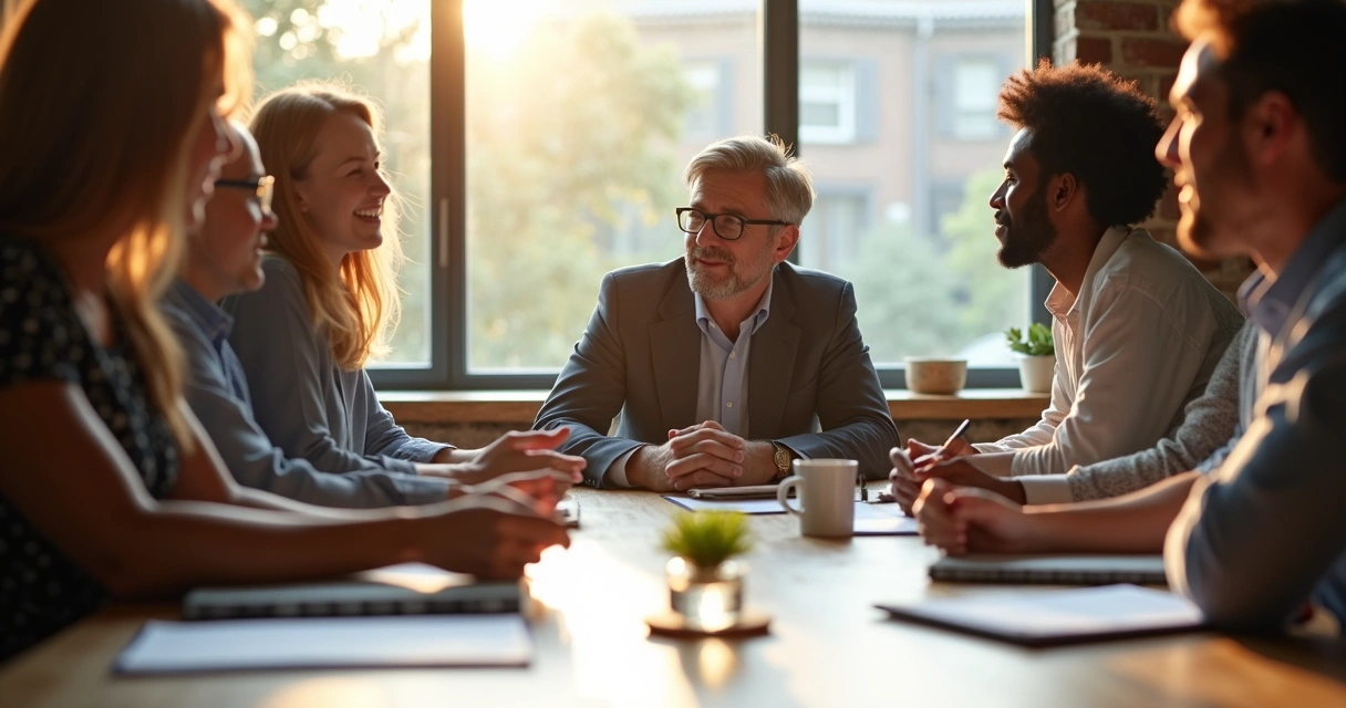 Gestor sentado à mesa com equipe, compartilhando experiências em reunião 