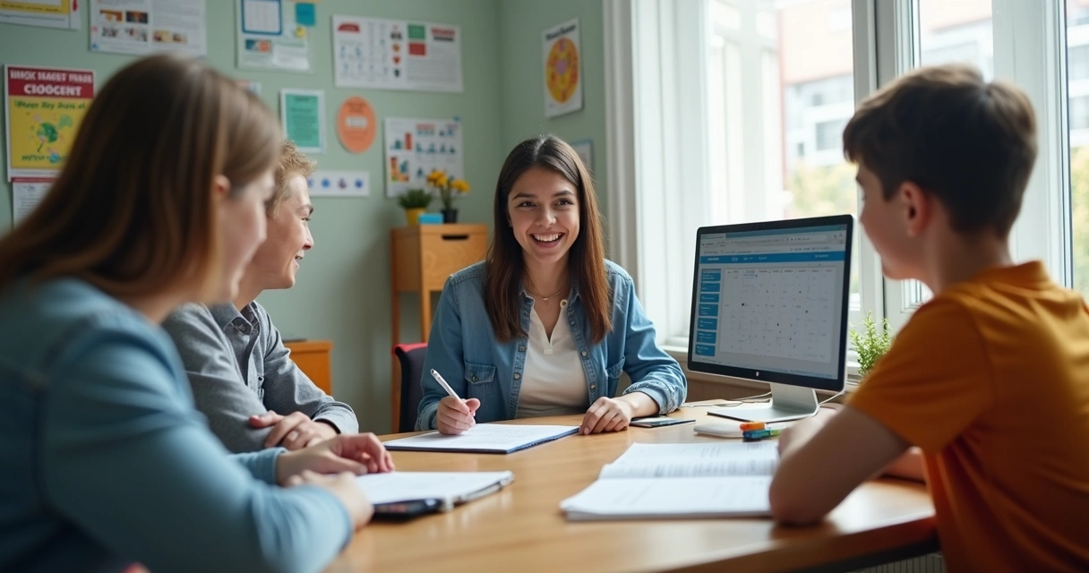 Gestor escolar conversando com família em escritório da escola. 