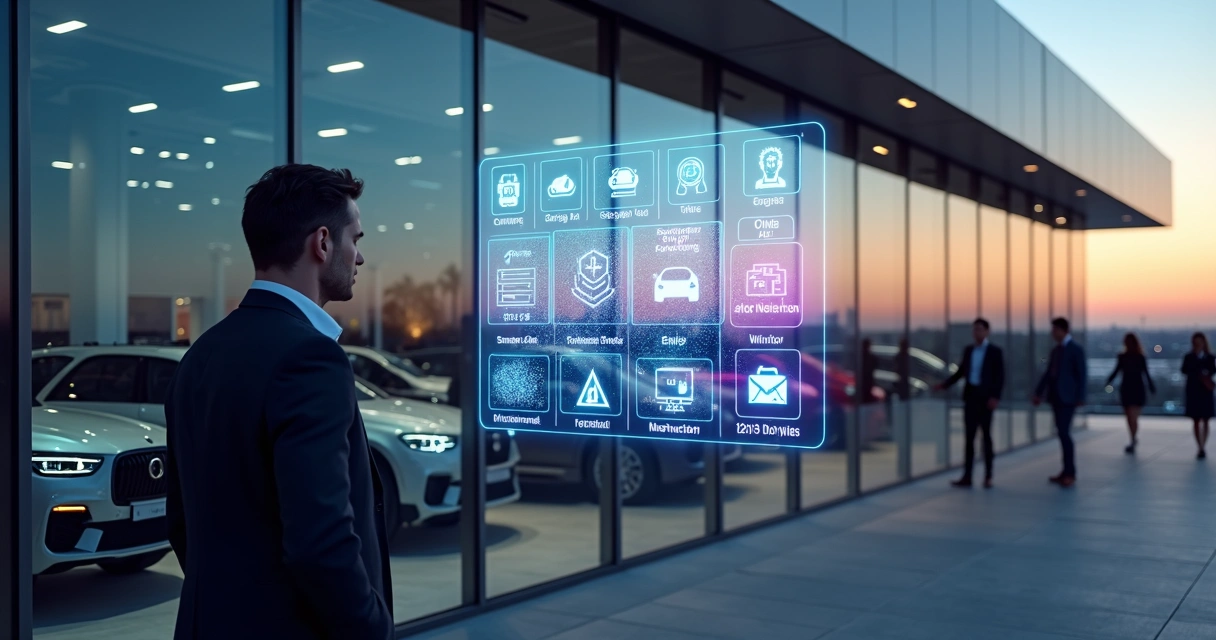 Gestor de concessionária observando painel transparente com ícones de marketing automotivo 