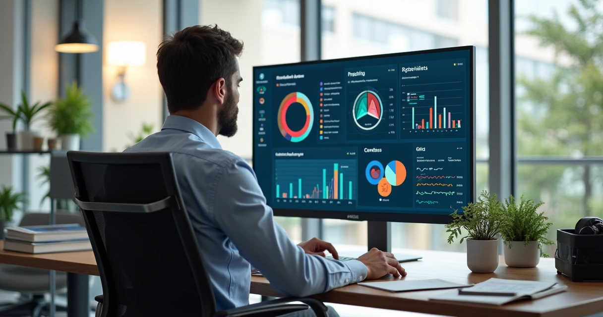 Gestor olhando para tela de computador com dashboards de indicadores de condomínio