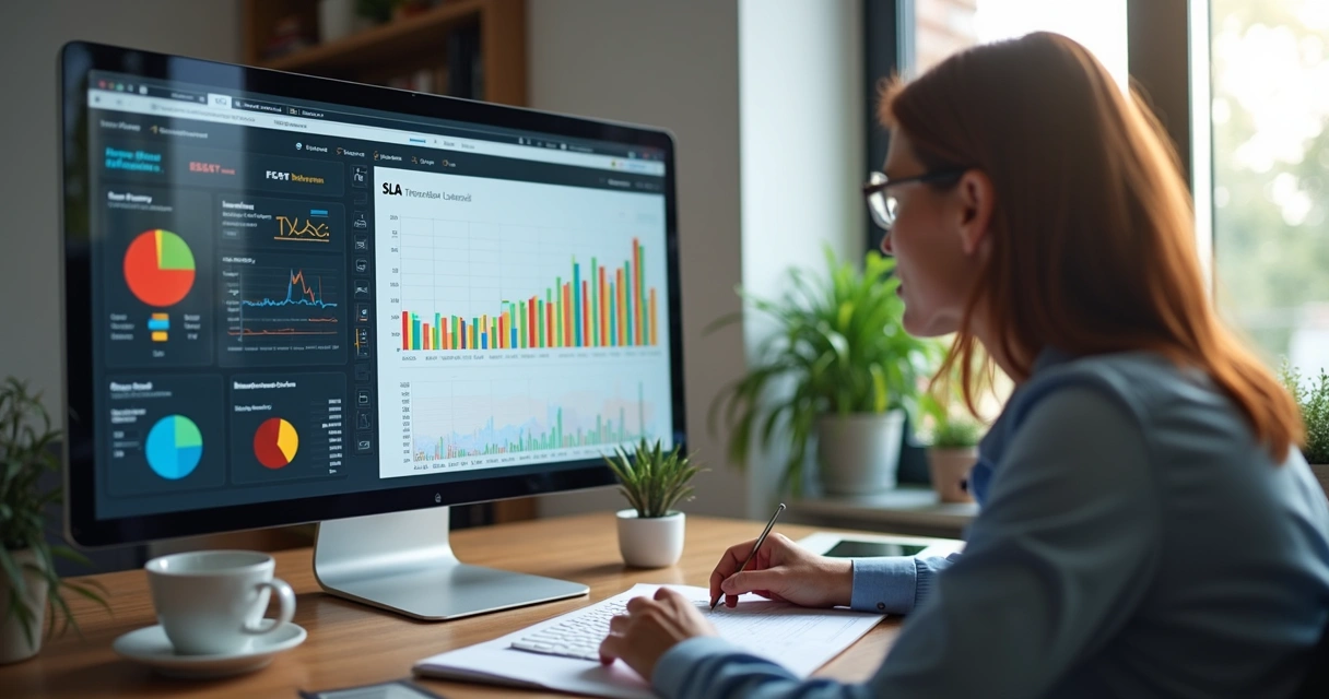 Gestor de condomínio analisando indicadores de atendimento em tela 