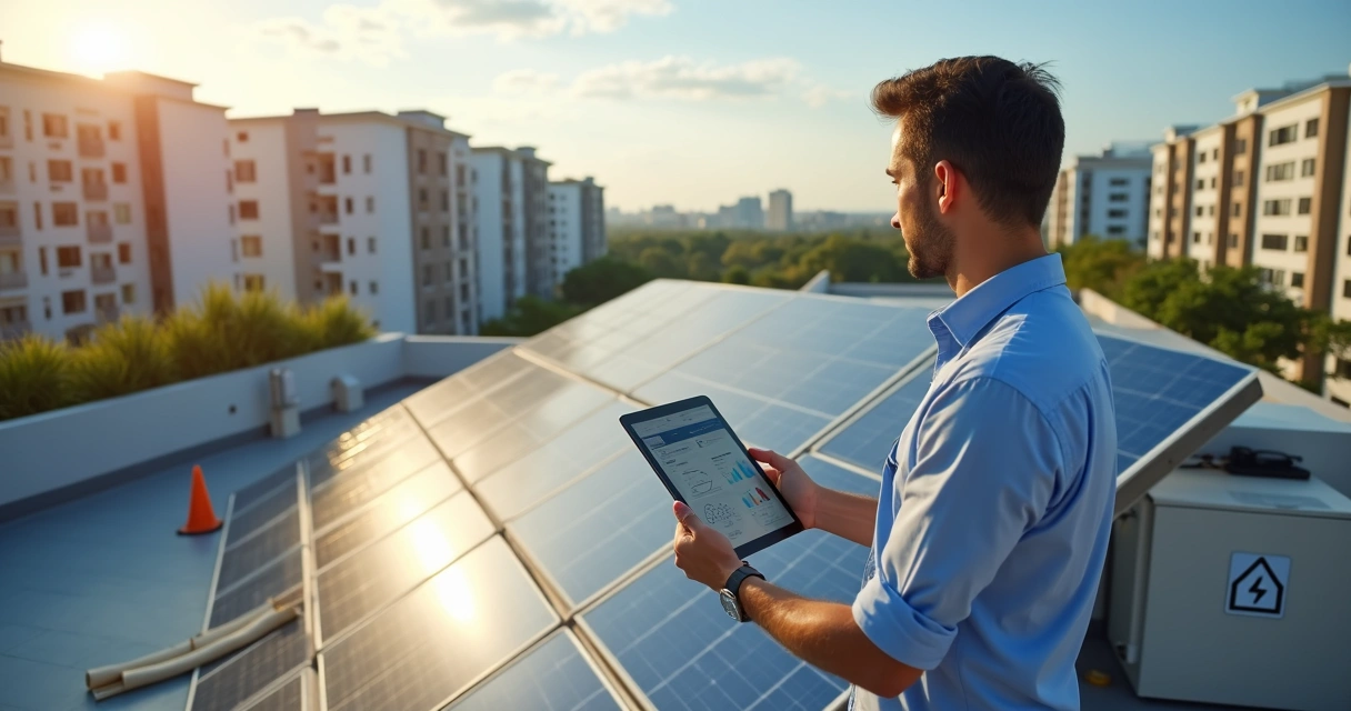 Gestor de condomínio avaliando projeto de painéis solares em prédio residencial 