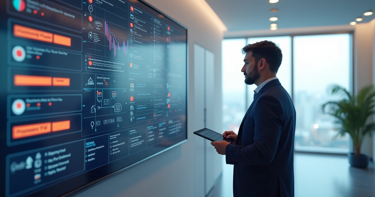 Gestor de condomínio conferindo painel digital com múltiplos alertas visuais