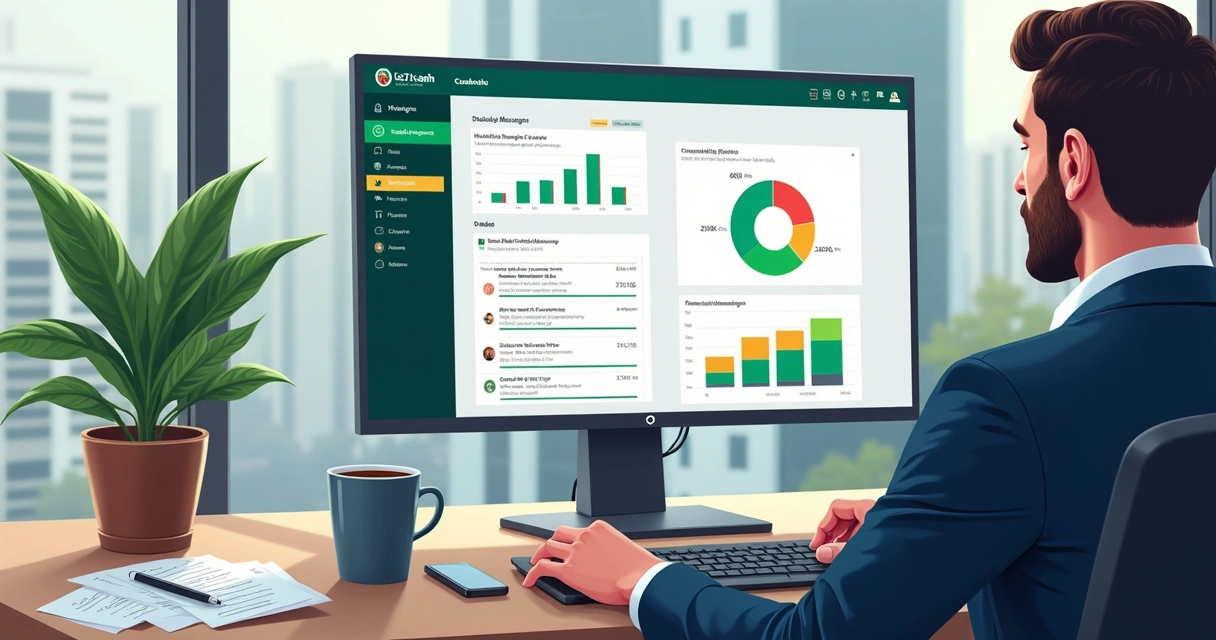 Gestor de condomínio usando computador com painel de mensagens 