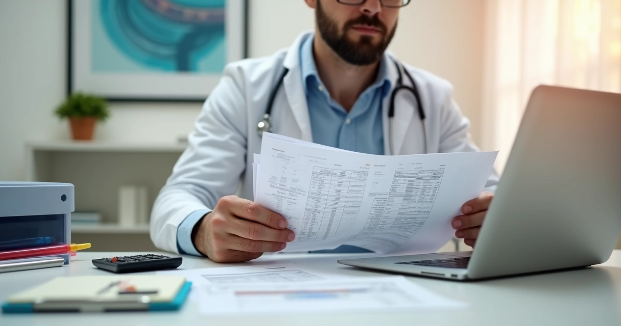Gestor médico conferindo extrato bancário e caixa.