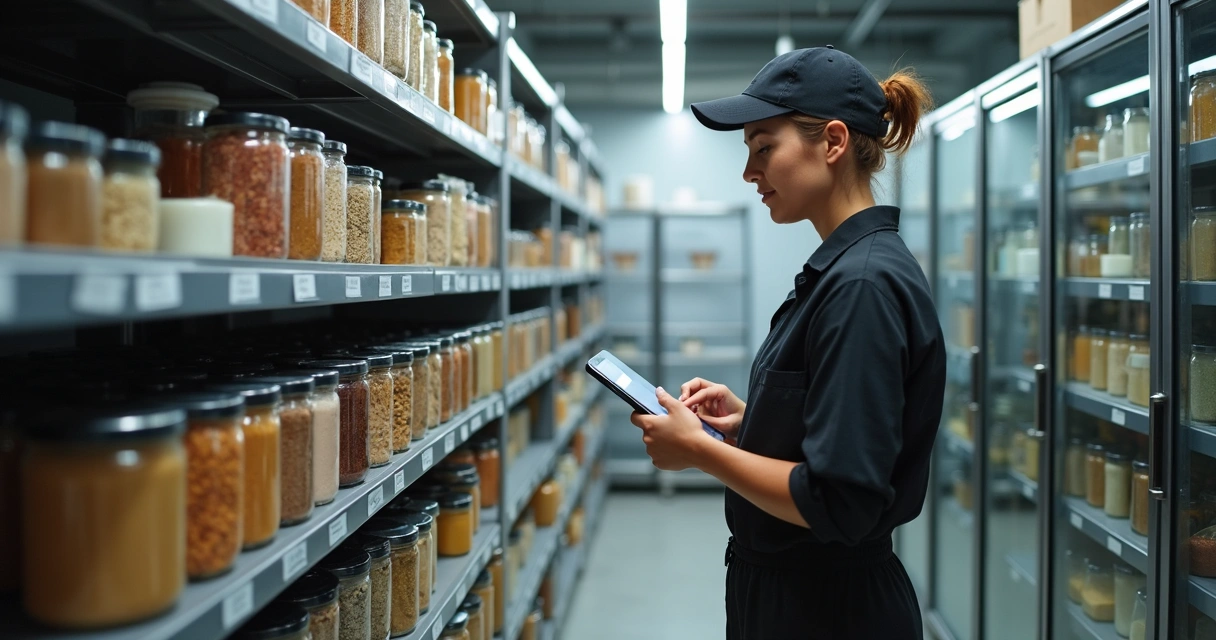 Gestor conferindo estoque de alimentos com tablet na mão