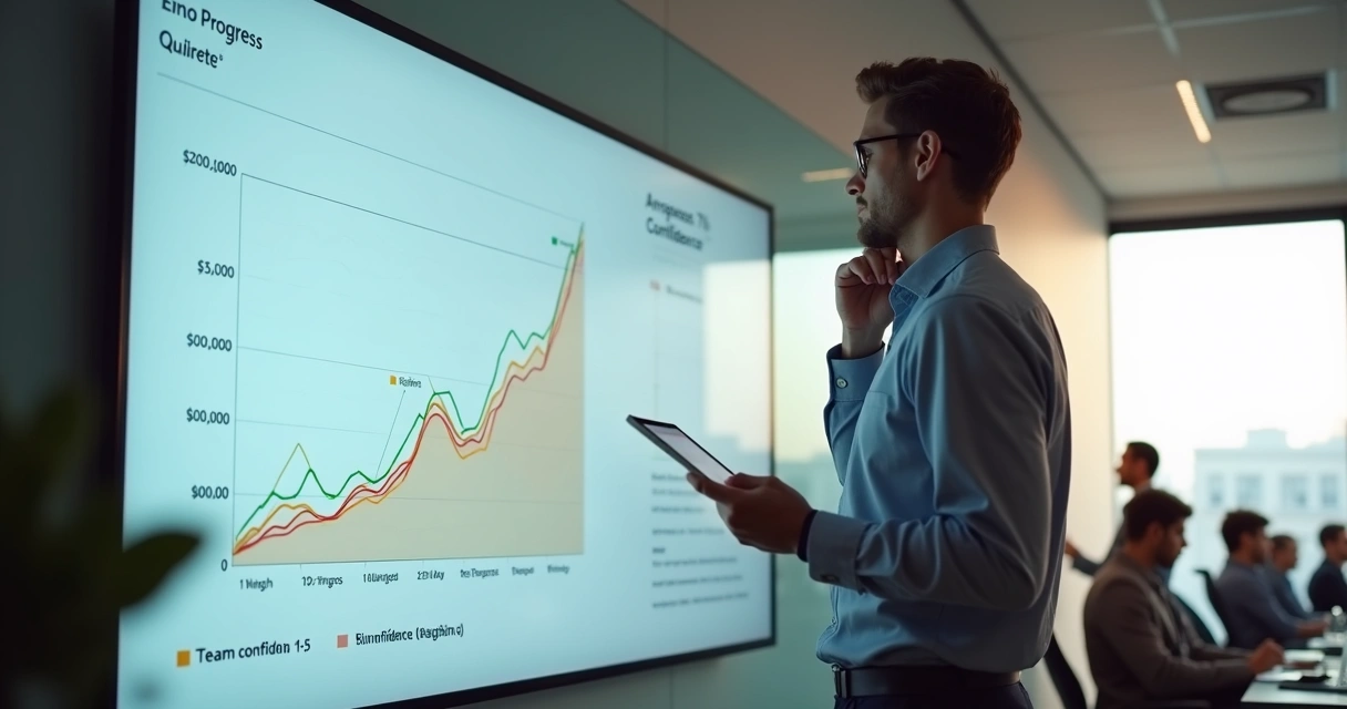 Gestor analisando grafico com linha de confianca em queda durante check-in de OKR 
