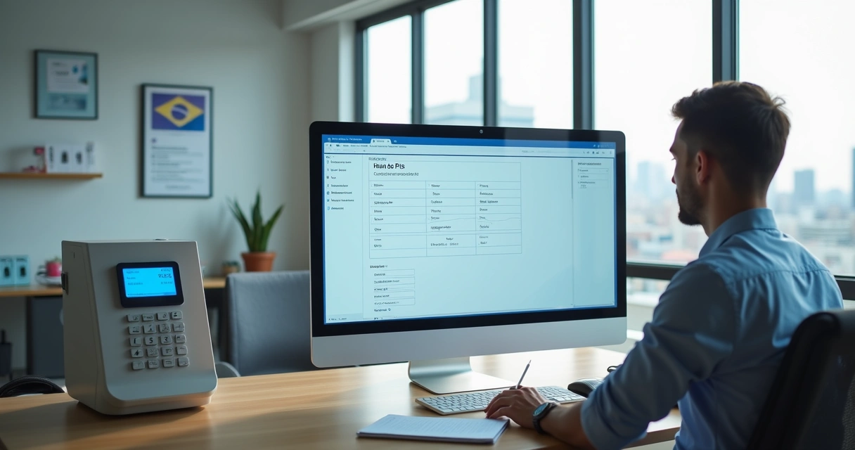 Gestor configurando PIS de funcionário em sistema de ponto eletrônico no escritório 