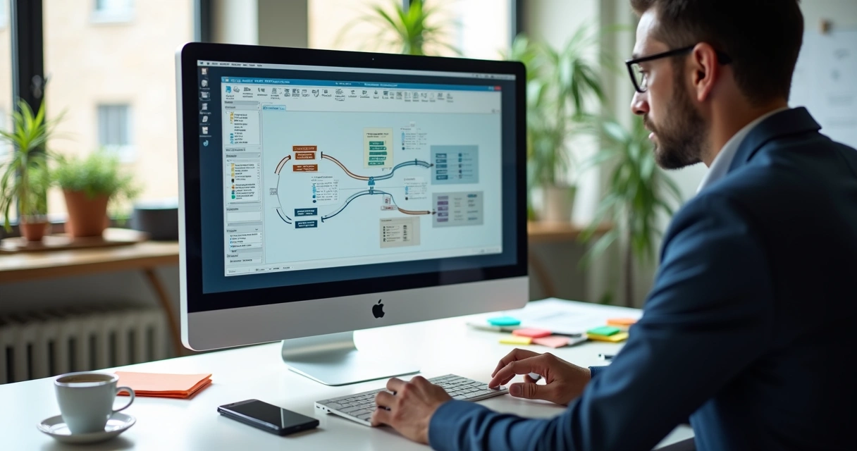 Gestor de negócios configurando fluxo visual de integração 