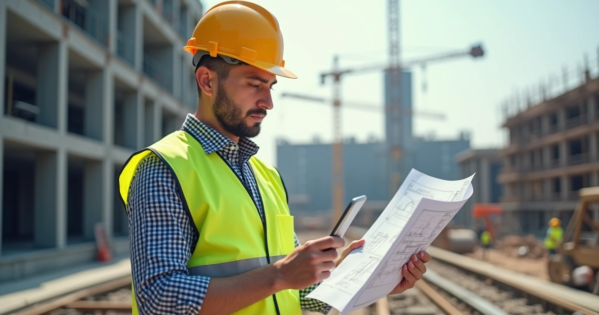 Engenheiro analisando plantas e relatórios em canteiro de obras organizado 