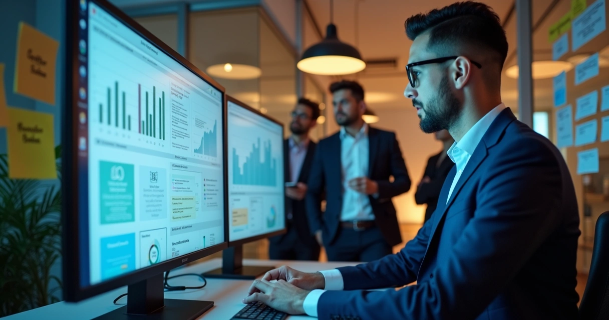Gestor checando apps de benefícios trabalhistas no escritório 
