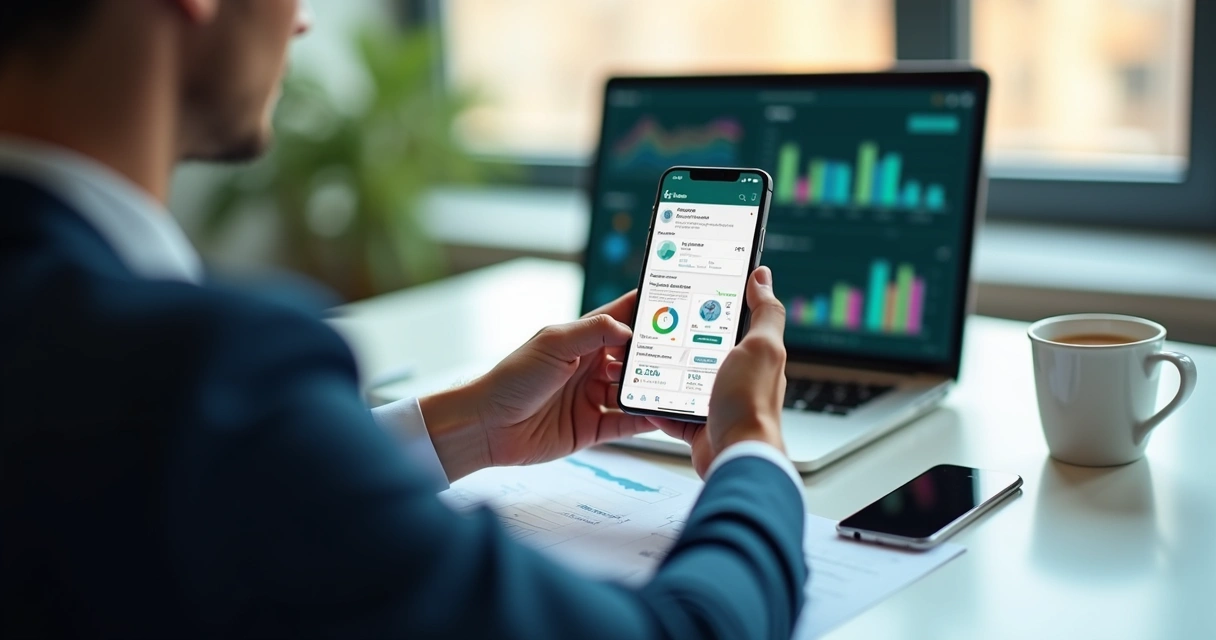 Gestor consultando dados financeiros e comerciais instantaneamente pelo WhatsApp em smartphone, ambiente de escritório moderno com tela de notebook mostrando gráficos e relatórios ao fundo 