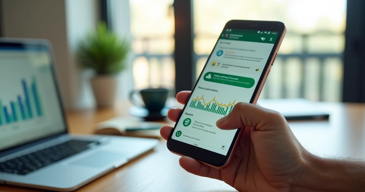 Gestor analisa painel de BI móvel no celular com gráficos financeiros integrados ao WhatsApp 