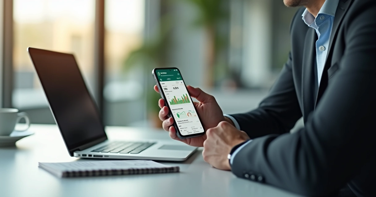 Gestor financeiro consultando dados de BPO financeiro pelo WhatsApp no celular em ambiente de escritório moderno 