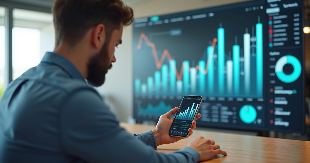 Empresário consulta dados financeiros no celular com gráficos digitais ao fundo.