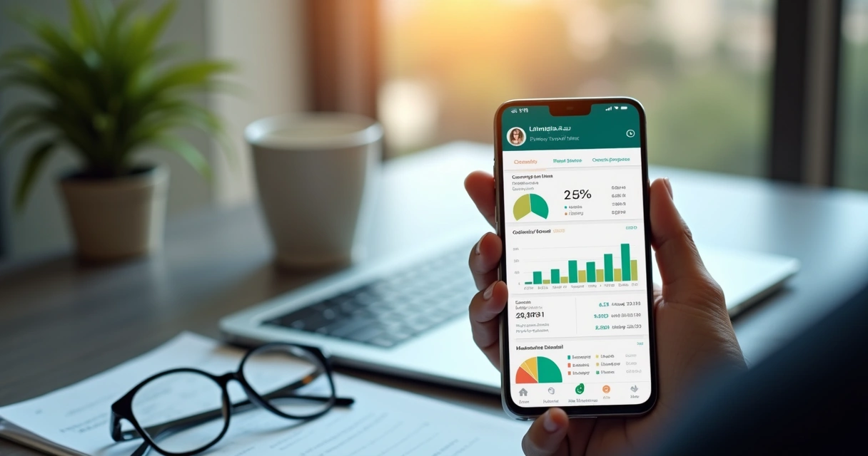 Gestor consultando parâmetros financeiros essenciais no WhatsApp em ambiente com tela de celular mostrando gráficos e indicadores financeiros detalhados 