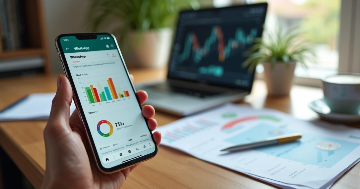 Gestor consultando insights de vendas em tempo real pelo WhatsApp em smartphone 