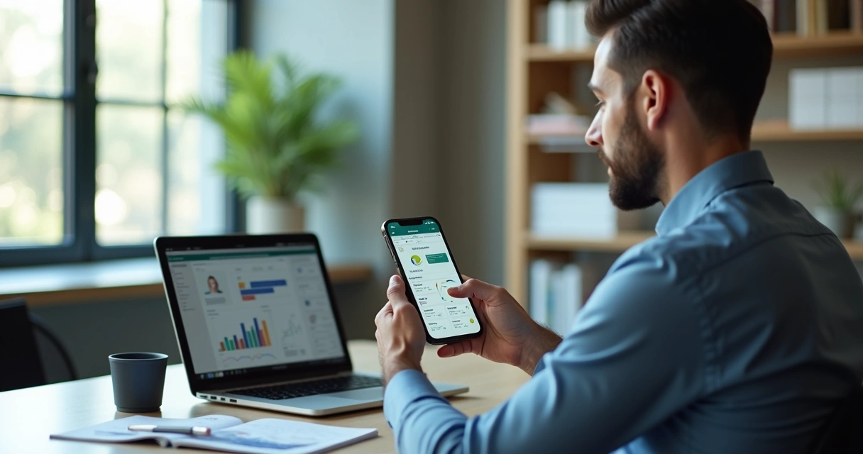 Gestor consultando dados financeiros e comerciais no celular via WhatsApp em ambiente de escritório moderno 