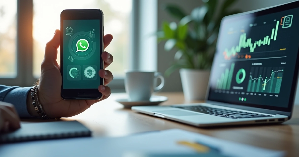 Gestor sentado com celular na mão consultando indicadores financeiros e comerciais no WhatsApp em ambiente de escritório moderno 