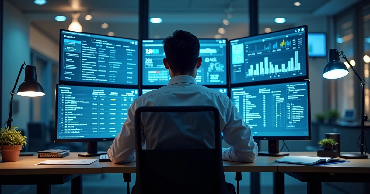 Profissional de contabilidade analisando painel financeiro digital 