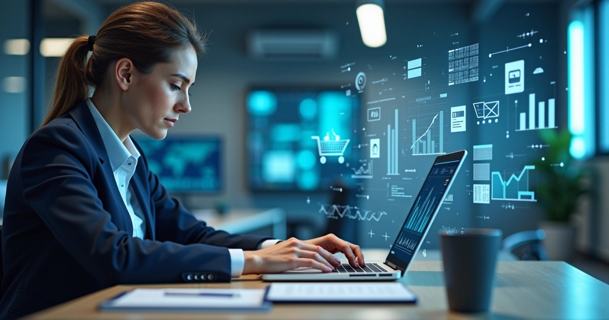 Profissional de contabilidade analisando gráficos financeiros em laptop com imagens digitais de e-commerce ao fundo 