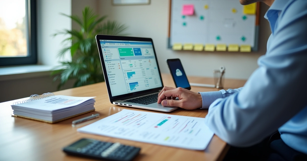 Gestor organizando contas a pagar no computador em pequena empresa 