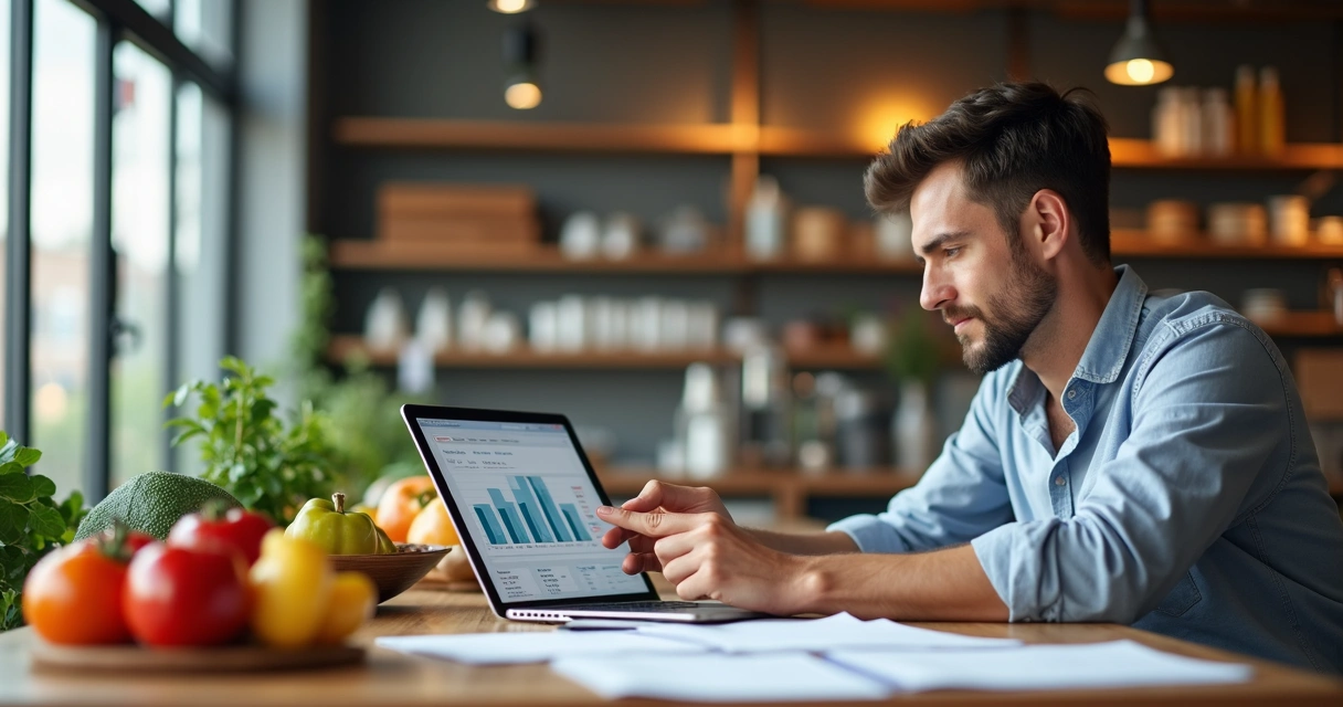 Gestor analisando dados financeiros e estoques em tablet dentro de restaurante moderno 