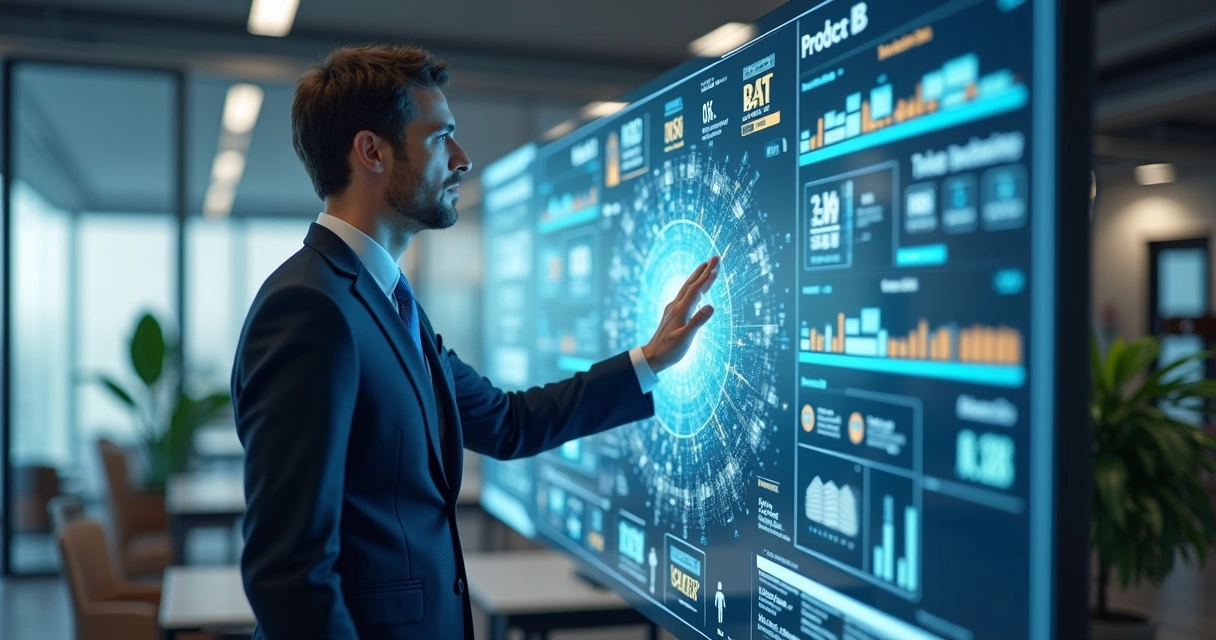 Gestor manipulando painel digital com catálogo de produtos e estoque unificado entre loja física e online 