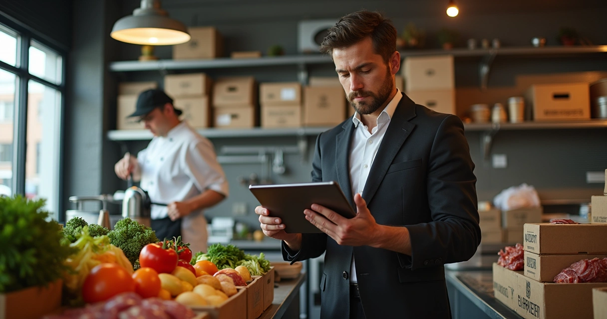 Gestor em cozinha de restaurante conferindo estoque digital no tablet 