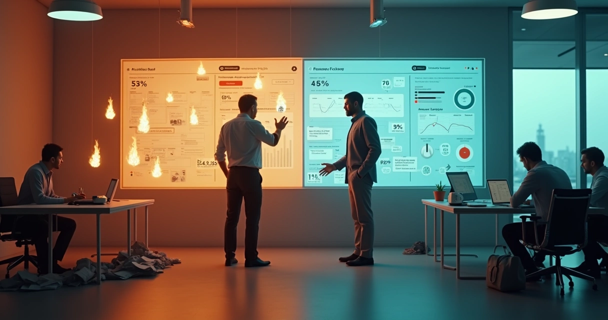 Gestor observa mini incêndios se transformando em fluxo de trabalho organizado em escritório moderno 