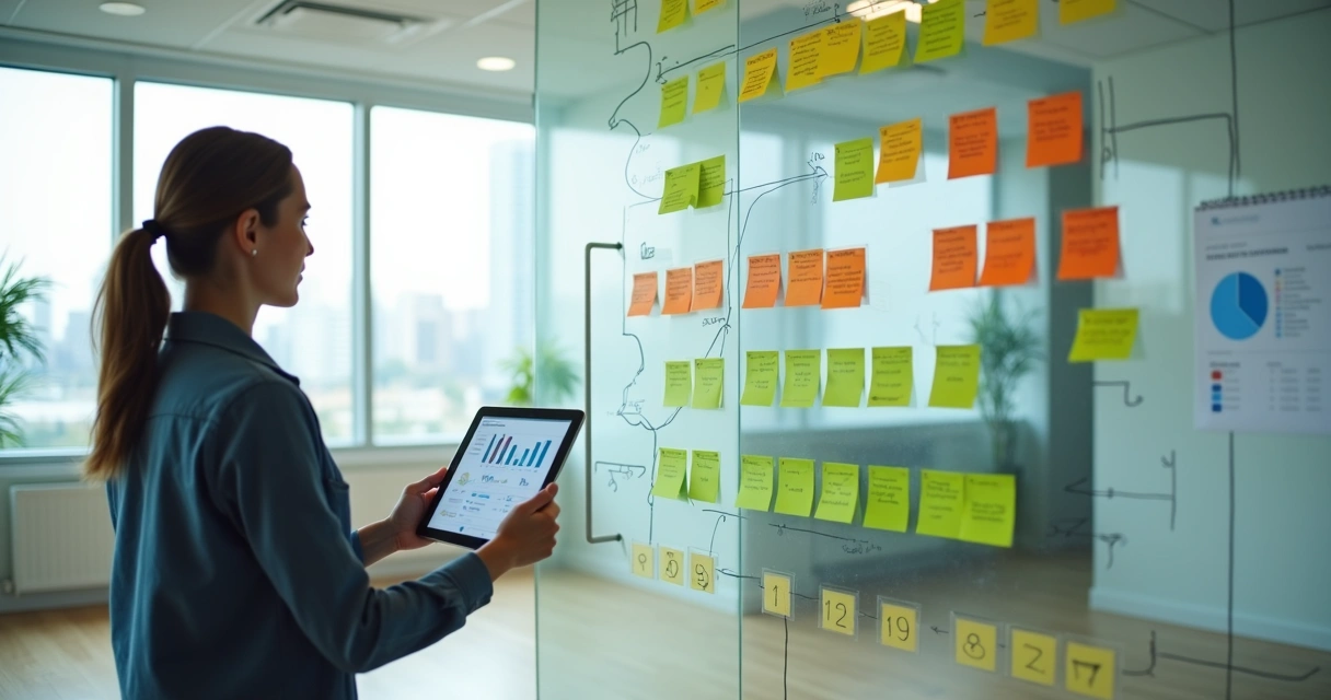 Gestor em pé diante de parede de vidro com fluxo de recebíveis em cartões coloridos conectados 