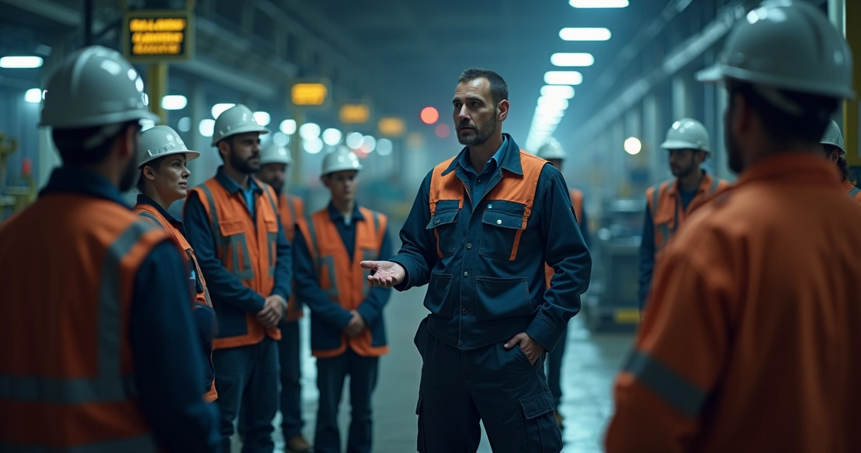 Gestor conversa com equipe industrial durante treinamento noturno 