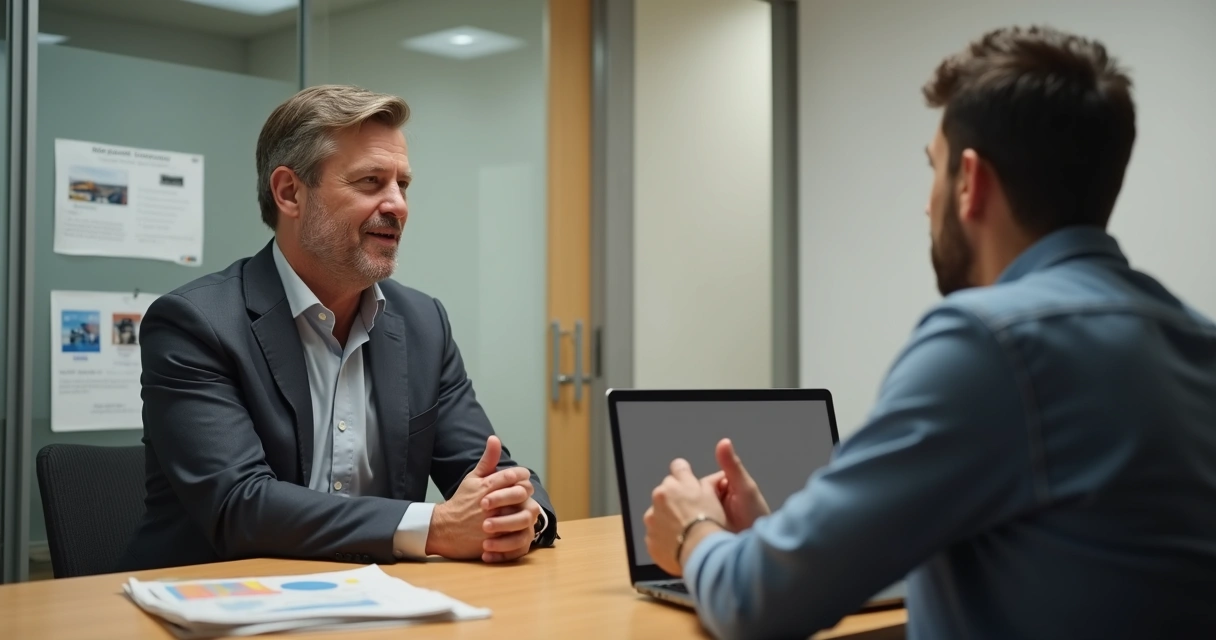 Gestor de PME conversa firme com funcionário de alto desempenho em sala de reunião pequena 