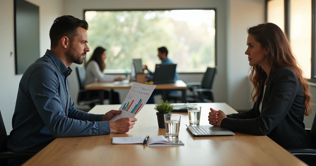 Gestor de PME conversa seriamente com funcionario calmo em mesa de escritorio 
