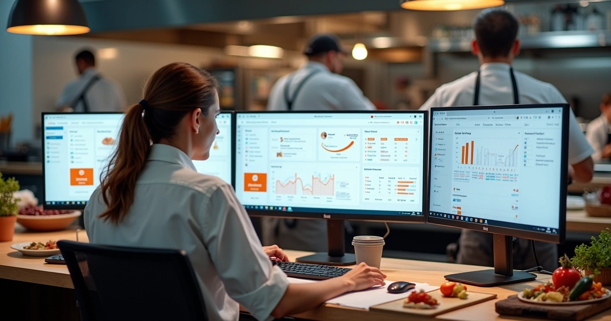 Gestor analisando dashboard de delivery multimarcas 