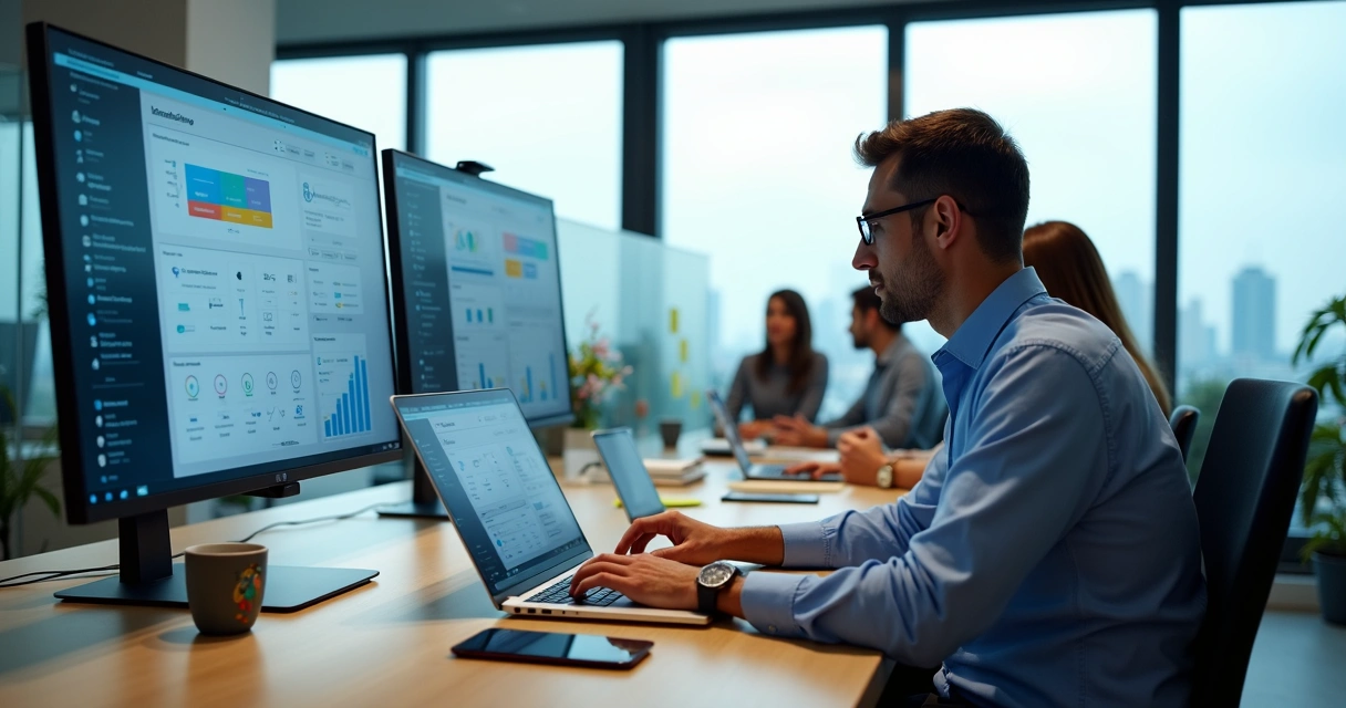 Gestor brasileiro criando app empresarial sem código em plataforma visual no notebook 
