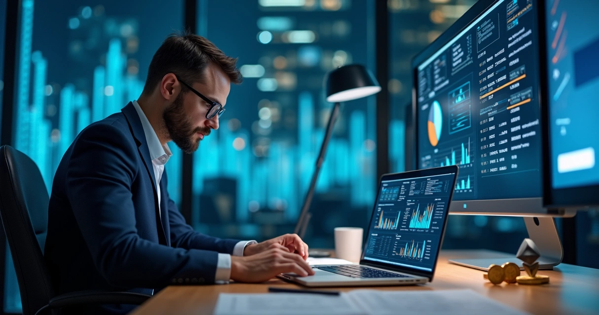 Pessoa sentada analisando relatórios financeiros em laptop com gráficos de criptomoedas ao fundo