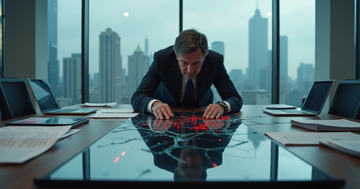 Gestor observando reflexo fragmentado em espelho rachado sobre mesa de crise 